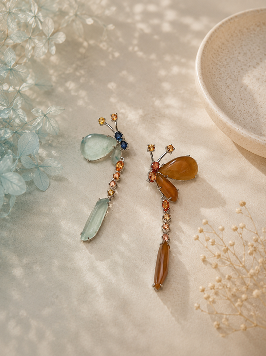 並羽──天然冰紅翡翠・冰玻翡翠耳環